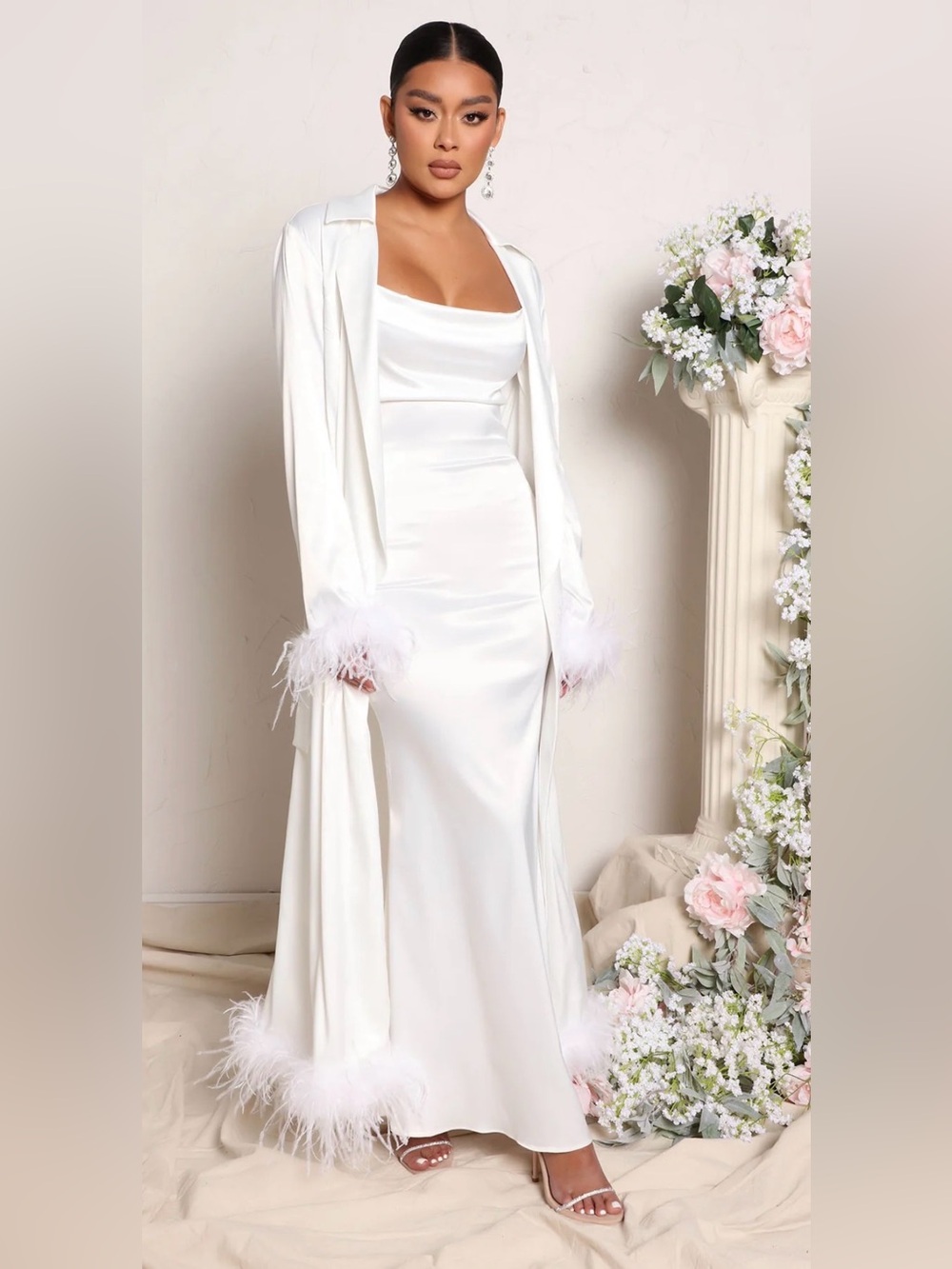 Fashion Nova Happiest Ever Satin Dress Set - White